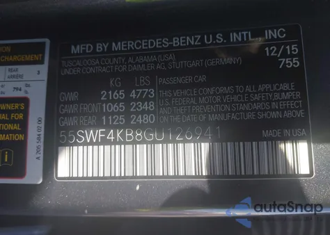 2016 Mercedes-Benz C 300 4Matic/Luxury 4Matic/Sport 4Matic from USA, damaged, VIN 55SWF4KB8GU126941
